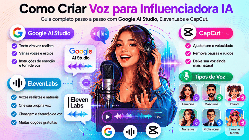 Como criar voz para influenciadora IA grátis usando Google AI Studio e ElevenLabs